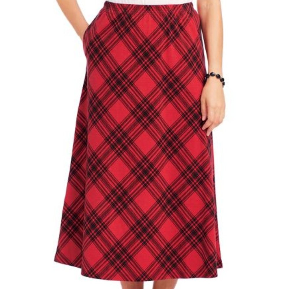 NEW Red Plaid Plus Sz 2X or 3X Casual or Dress Elastic Waist Midi Skirt Pockets
